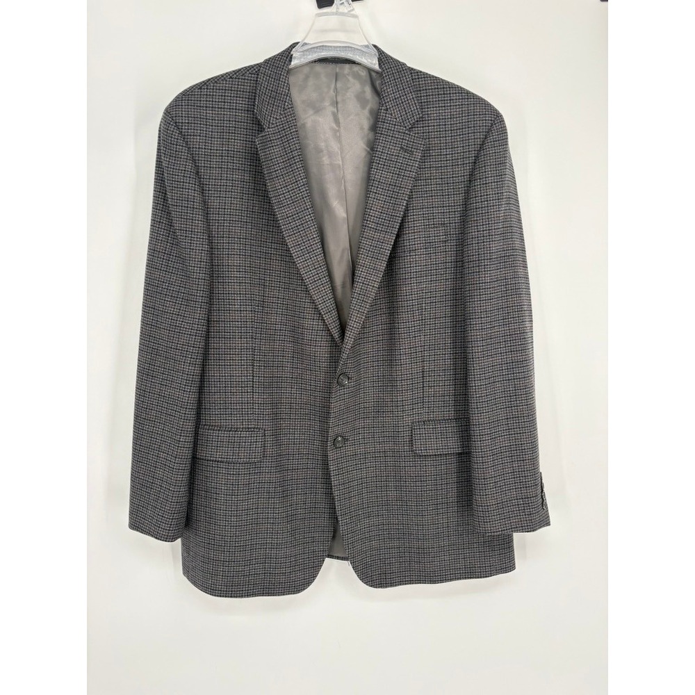 Chaps Blazer Mens 46L Grey Lambswool Houndstooth Two Button Sport Coat‎ Jacket